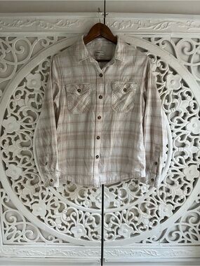Frank & Oak Organic Cotton Plaid Button Up Shirt Beige Cream Flannel Medium